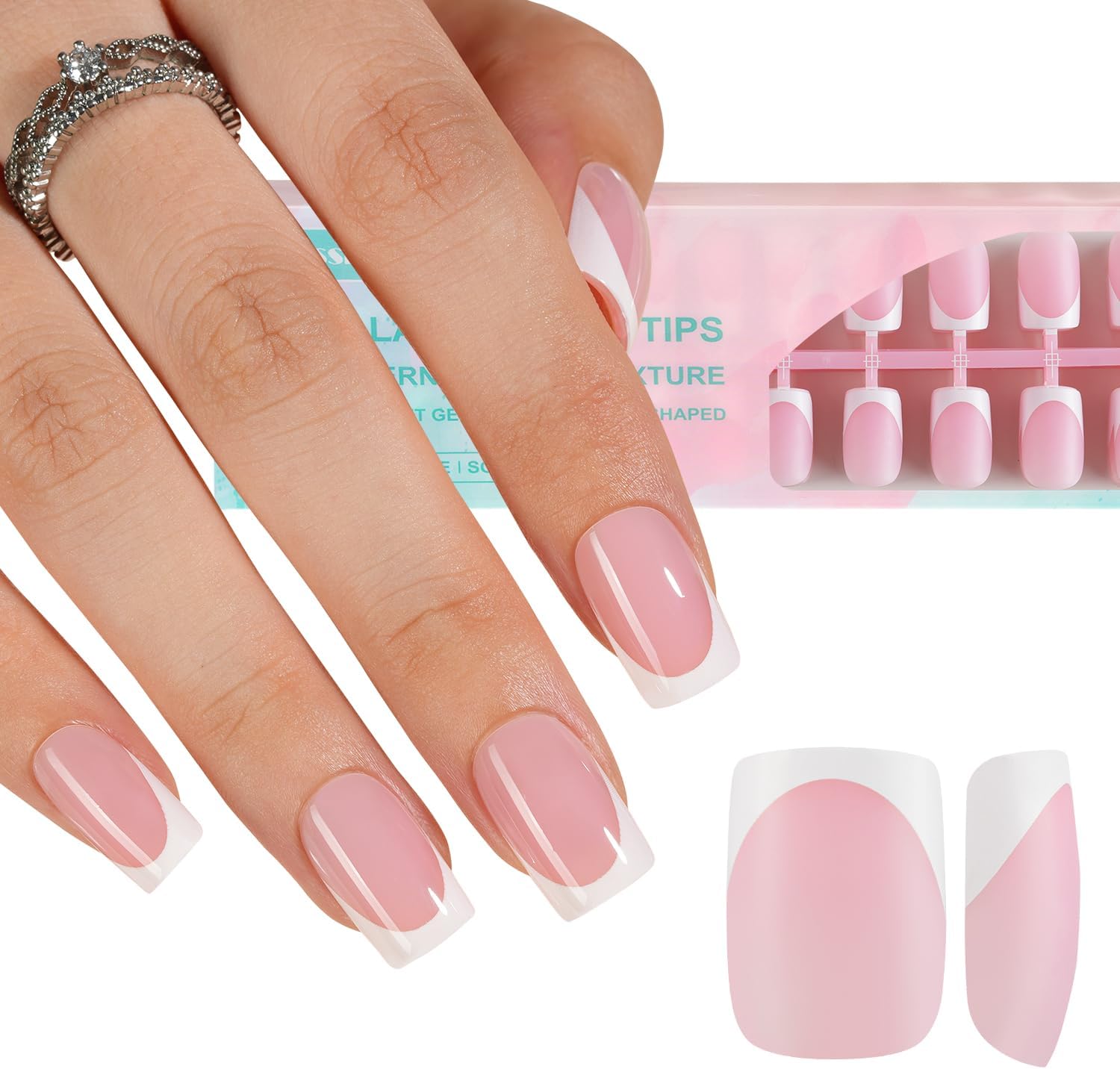 French Gel Nail Tips, 160Pcs French Tip Press on Nails Short Square Pink, No Need to File Tips Pre-lasting, Fake Nails for Nail Art DIY 16 Sizes