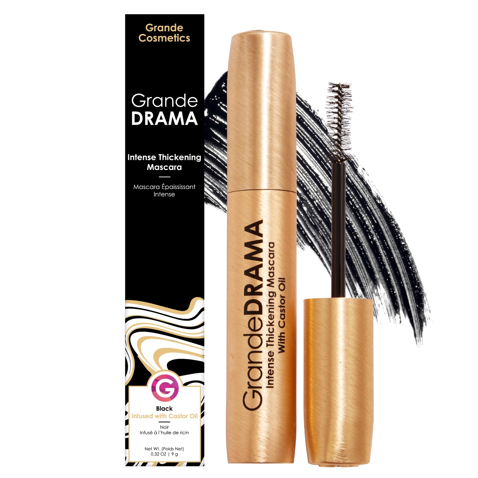 Grande Cosmetics GrandeDRAMA Intense Thickening Mascara with Castor Oil, Volumizing, Conditioning, Buildable Formula