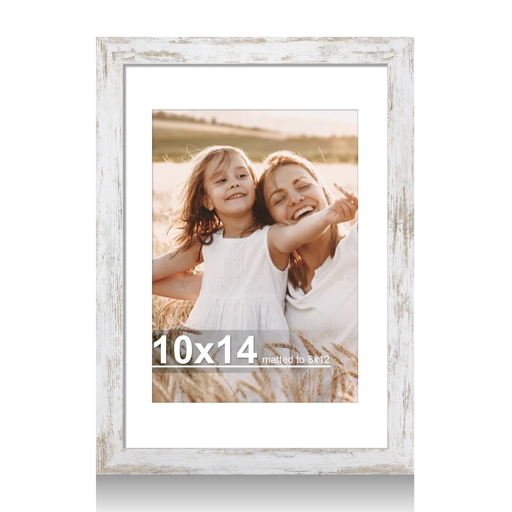 10x14 picture frame with real glass - 8x12 wooden frame with mat, horizontal and vertical display for wall or tabletop (distressed white, 1 pack)