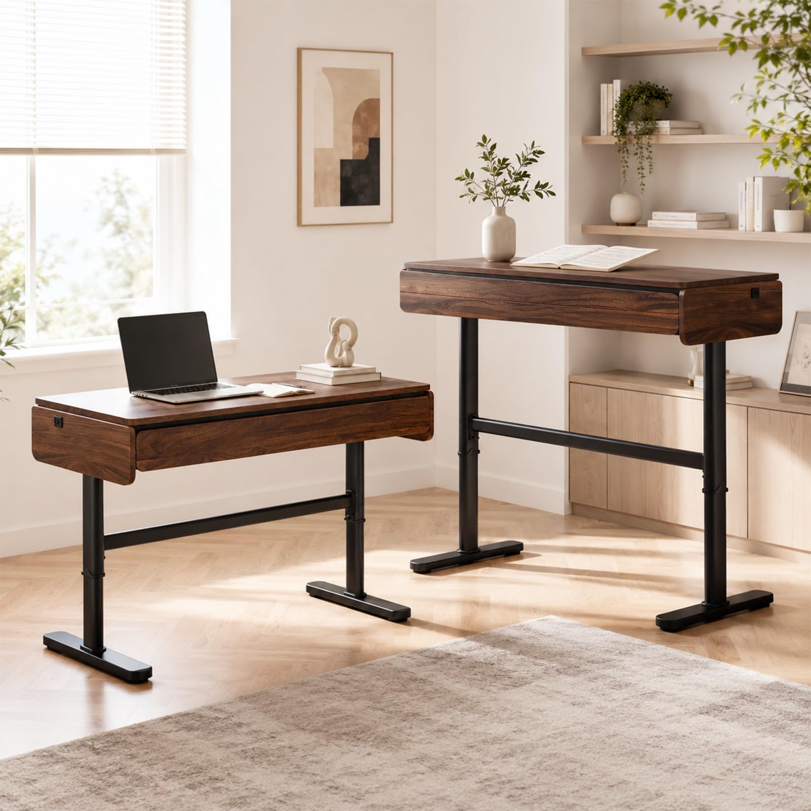 Bureau piano réglable en hauteur noyer 120x60 cm avec support clavier