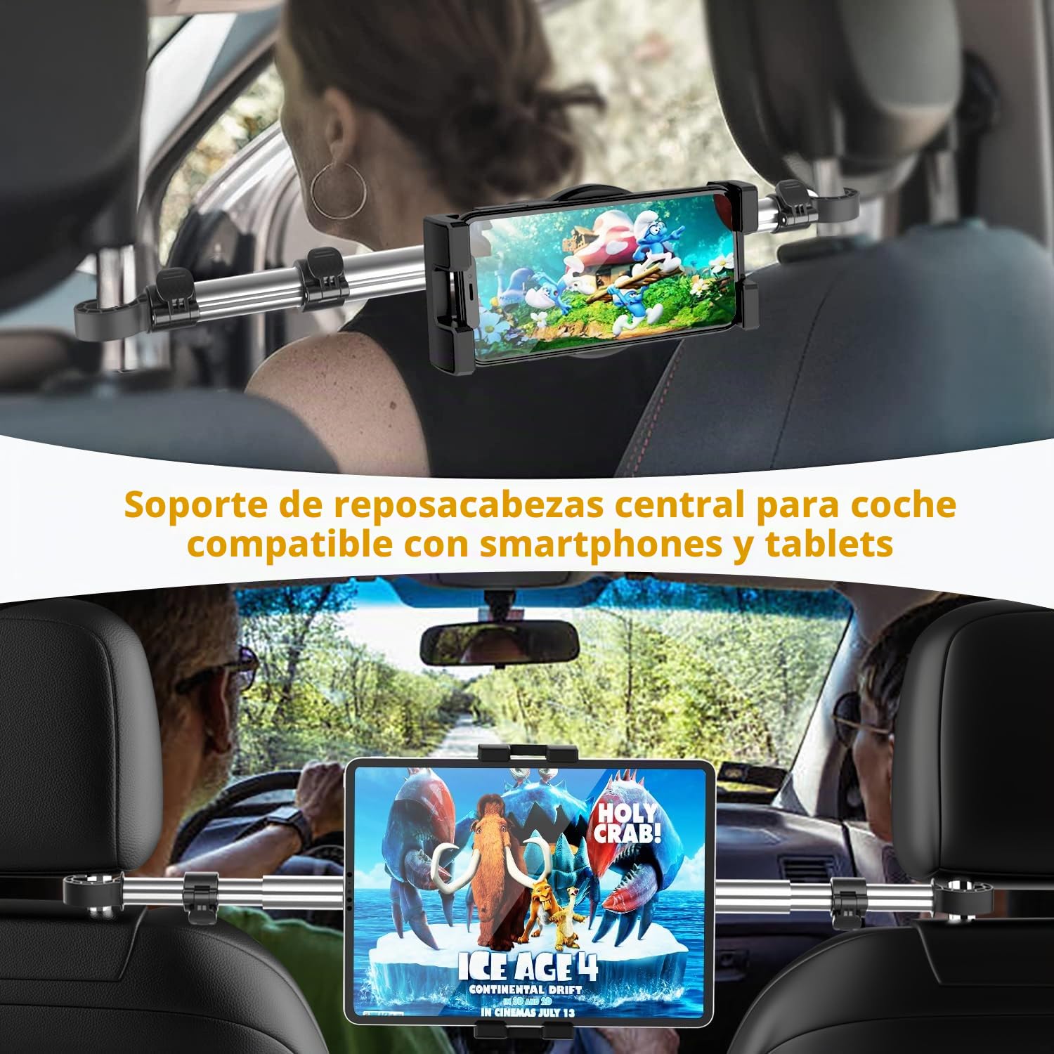 Soporte Reposacabezas Tablet Coche Central, Soporte Tablet Asiento Trasero con Brazo Telescópico de Aluminio para iPad Pro 9.7 10.5 12.9 Air Mini iPhone, 4-12.9" Tablets & Móvils