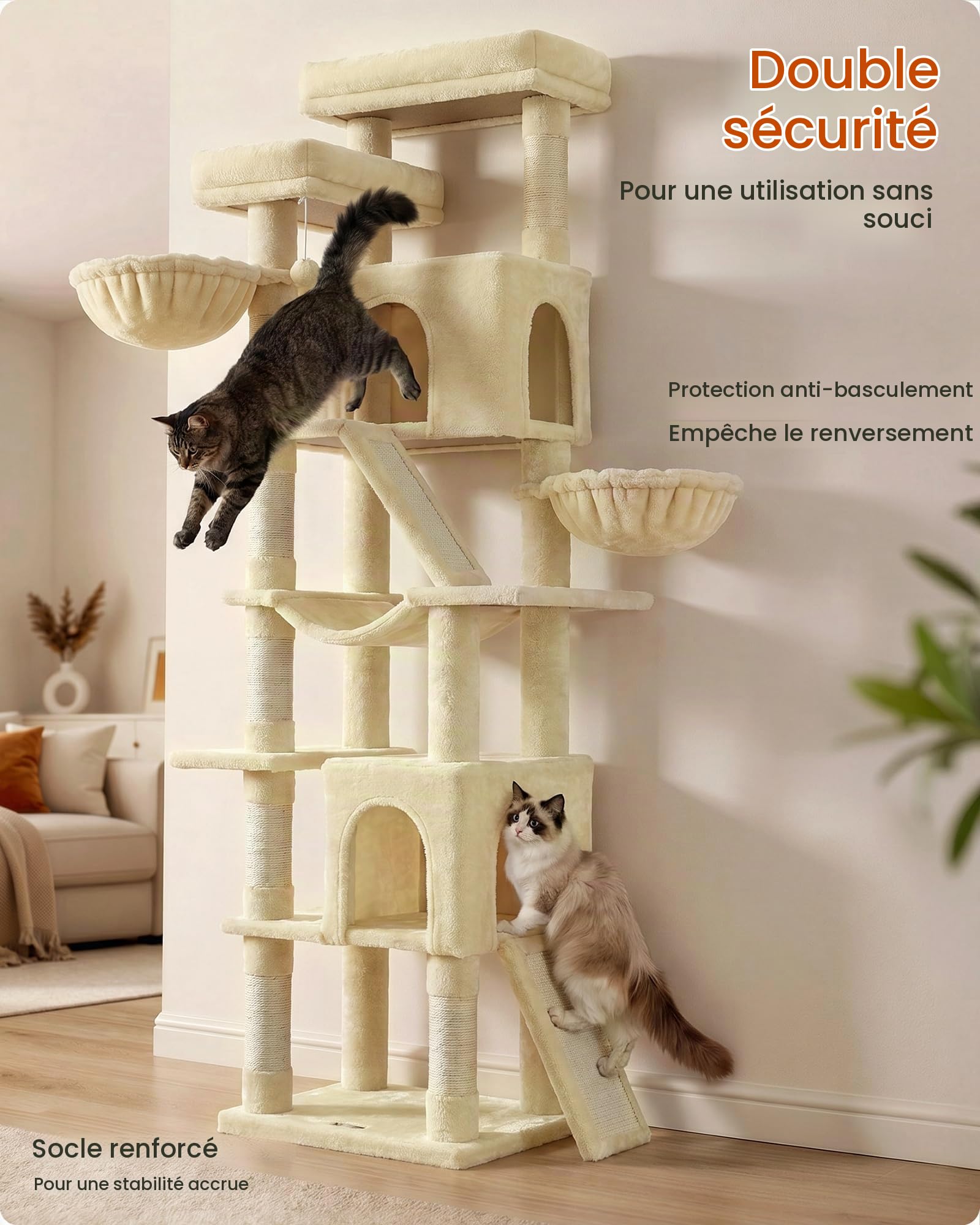 Feandrea Arbre à Chat XXL, Tour d'Activités en Sisal, 7 Zones de Repos avec Griffoir, 55 x 45 x 205 cm, Beige, pour Multi-Chats, Collection Clawfy PCT021Y101