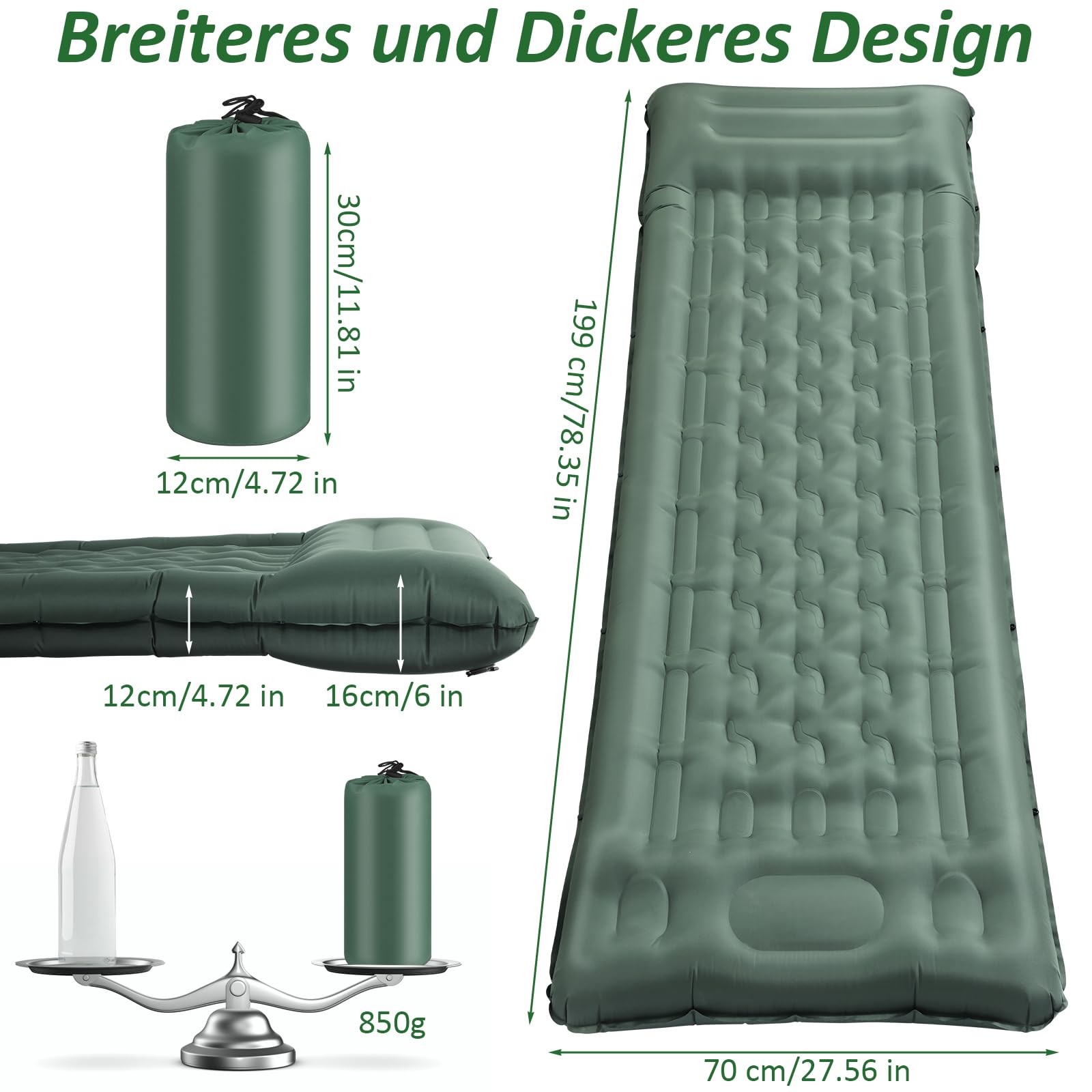 Camping Isomatte Selbstaufblasend 2025 Nue,12cm Verdickte Luftmatratze mit Verstärkter Luftsäulen-Struktur,Fußpumpe,16cm Kopfkissen,Reißfestes,Ultraleicht & Kompakt für Outdoor,Wandern,Strand