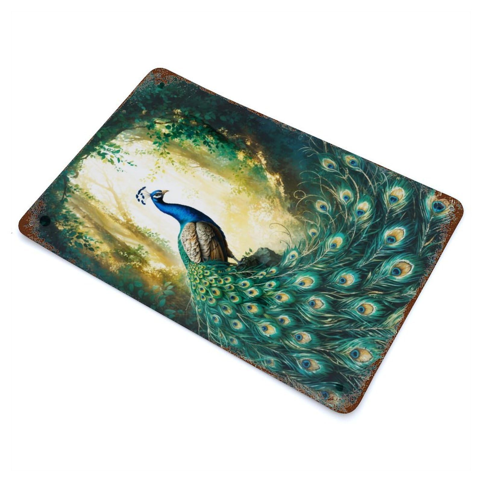 Peacock in The Forest 11.8"x7.9" Aged Metal Wall Plaque, Retro Wall Decor for Farmhouse, Kitchen And Entryway Decor