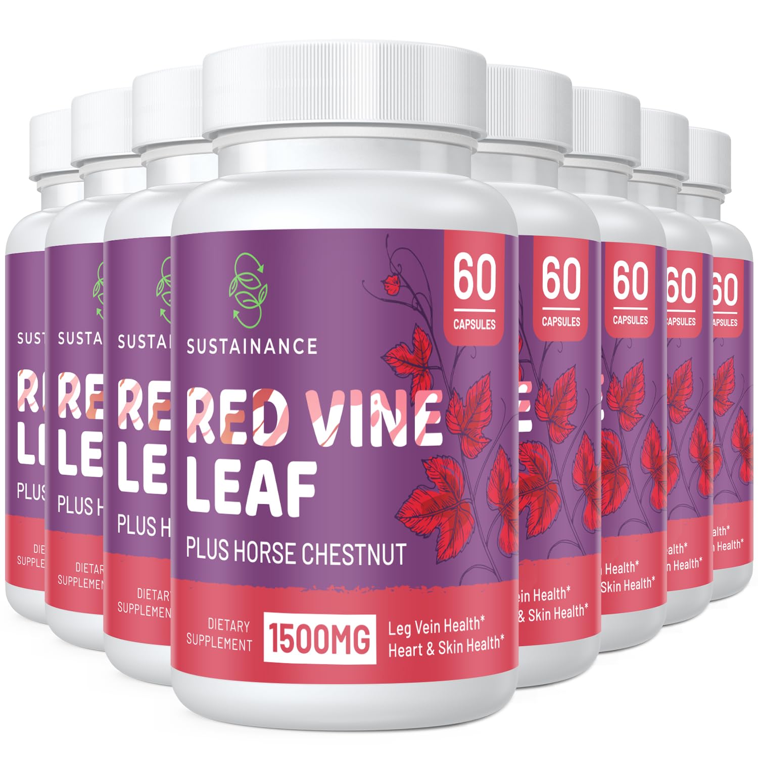 SUSTAINANCE Red Vine Leaf Extract 1400mg & Horse Chestnut Extract 100mg Supplement for Leg, Vein, Circulation, Heart, Skin (60 Capsules - 8 Bottle)