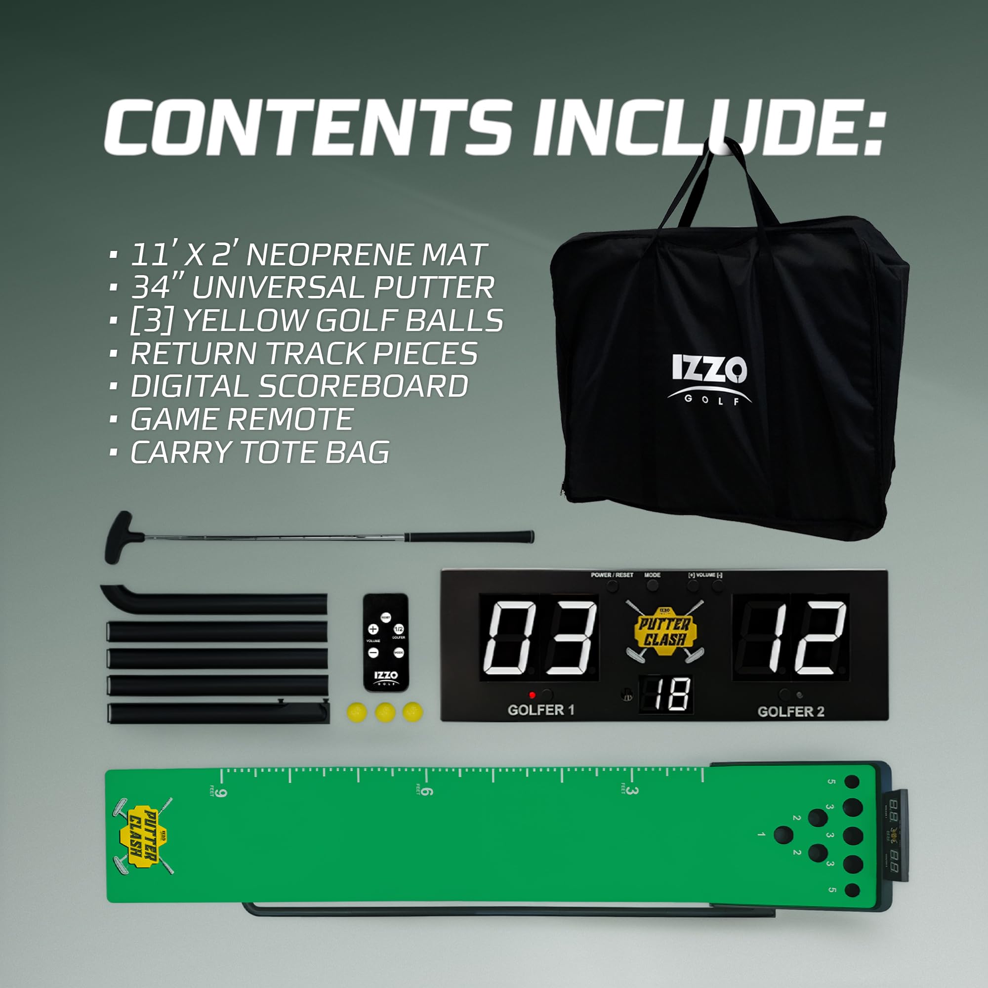 Izzo Golf Putter Clash Electronic Putting Game - Tablero Digital y 4 Modos de Juego, Juego de Golf para Interior para Adultos, 3,4 m Putting Green Mat, Regalos de Golf para Hombres, Putter