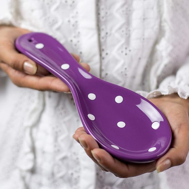 City to Cottage Purple and White Polka Dot Handmade Hand Painted Ceramic Kitchen Cooking Spoon Rest