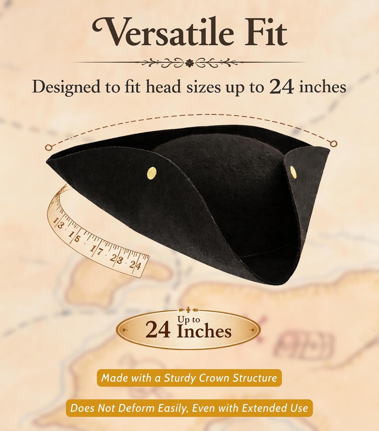 Kangaroo Pirate Hat Men Adult - Black Felt Tricorn Costume Hat for Women and Men - Musketeer Style Hat For Hallowen Cosplay Dressup Apparel