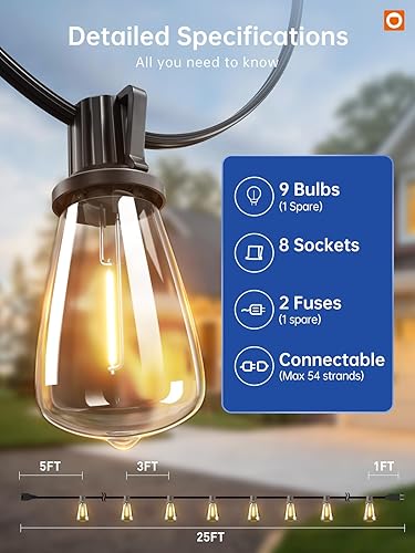 Miniatura 6 de addlon Tira de luces LED de 25 pies, resistente al agua con 8+1 bombillas LED inastillables (no solar), luz de patio, conectable y resistente al