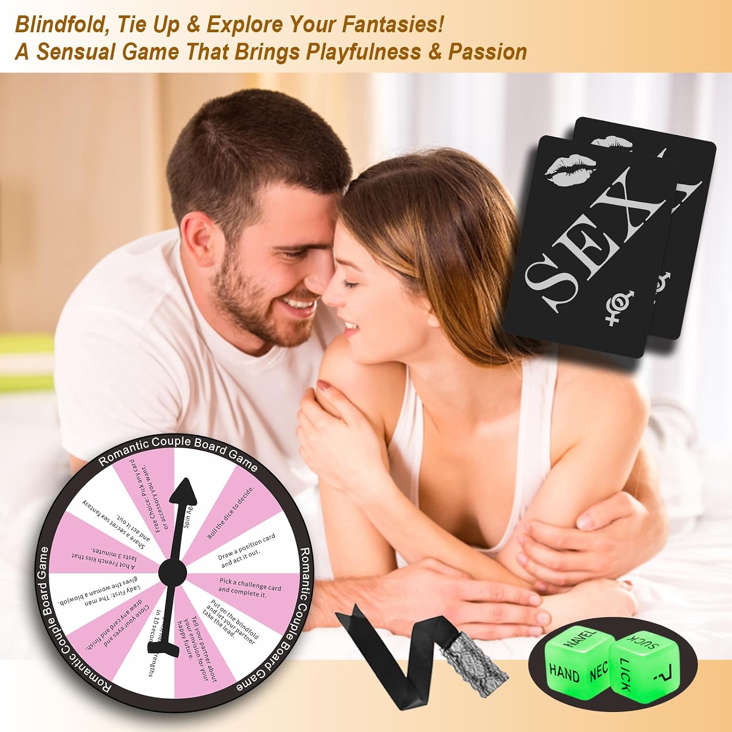 Sex Game for Adults - 42 Romantic Bedroom Cards with Sex Positions, Challenges -Includes Blindfold, Spin Wheel, Dice - Sex Position Cards Game Sex Game for Date Night, Couple Games, Date Night Ideas