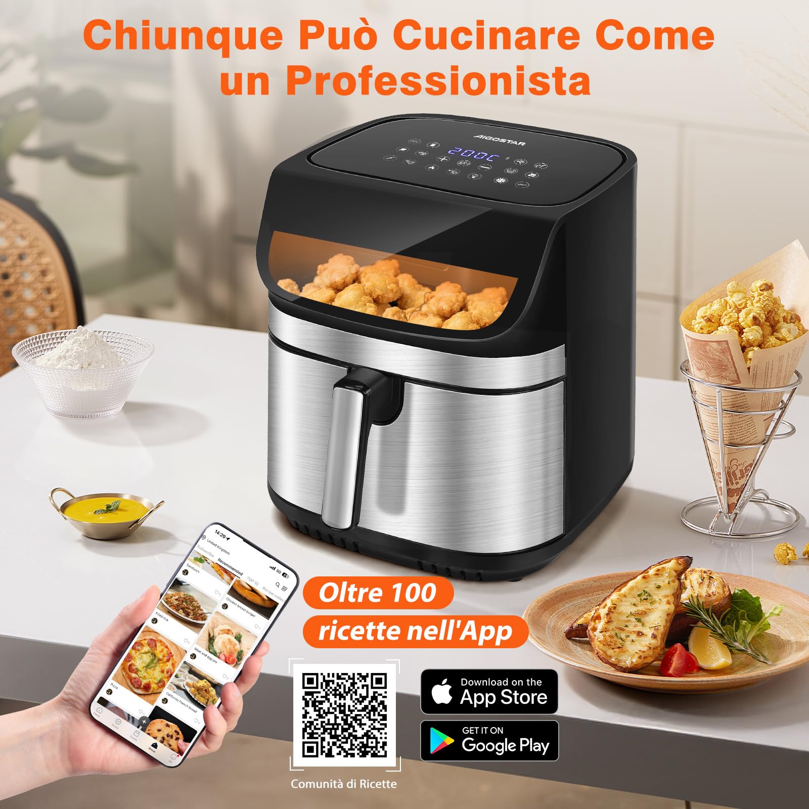 Aigostar Friggitrice ad Aria XXL 8,8 Litri, Air Fryer Doppia Resistenza, Risparmio Energetico 55%, 13 Programmi, Interno Acciaio Inox, Touchscreen & Finestra, Comunità Ricette, BPA FREE