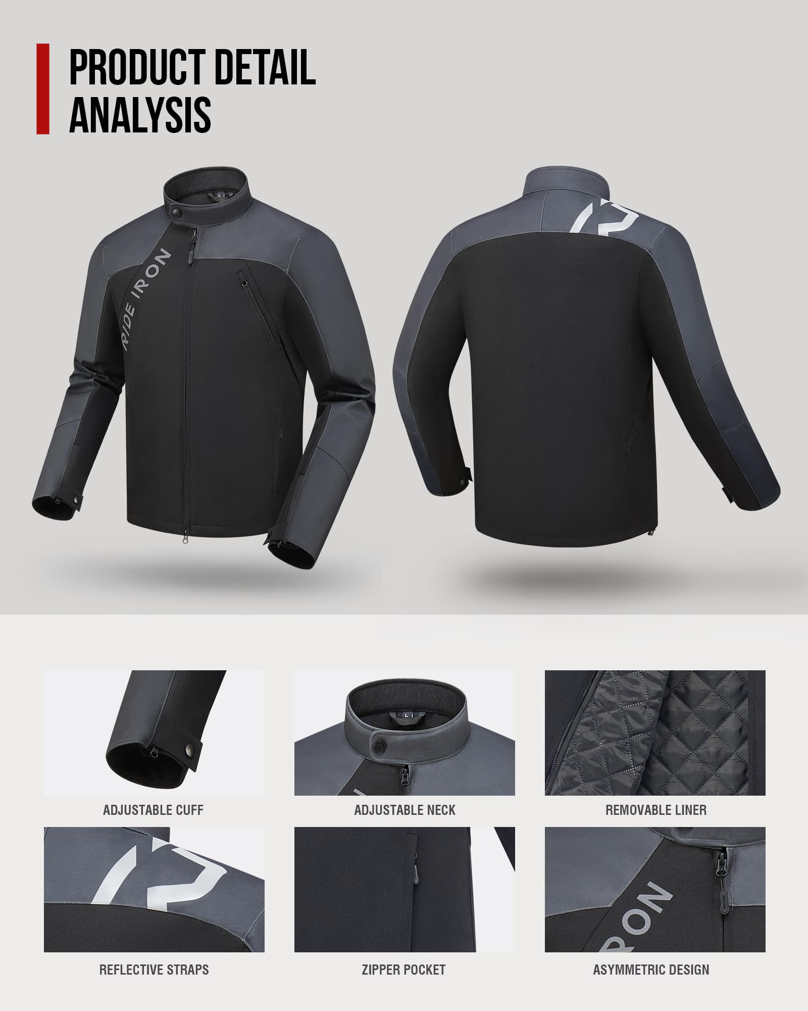 RIDEIRON Motorradjacke Herren mit Protektoren CE – Reflektierendes Logo, 4 Taschen, Atmungsaktiv mit Belüftungsreißverschluss, Textil Biker Jacke 4 Jahreszeiten mit Thermofutter M-XXL