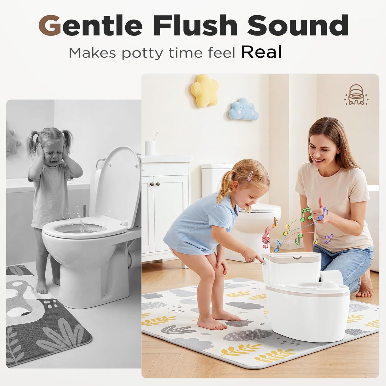 3-in-1 Toddler Potty Training Toilet with Flushing Sound, Wipes Storage & Toilet Paper Holder, Realistic Potty Chair with Detachable Seat and Easy-Clean Design for Boys & Girls Ages 18+ Months (Brown)