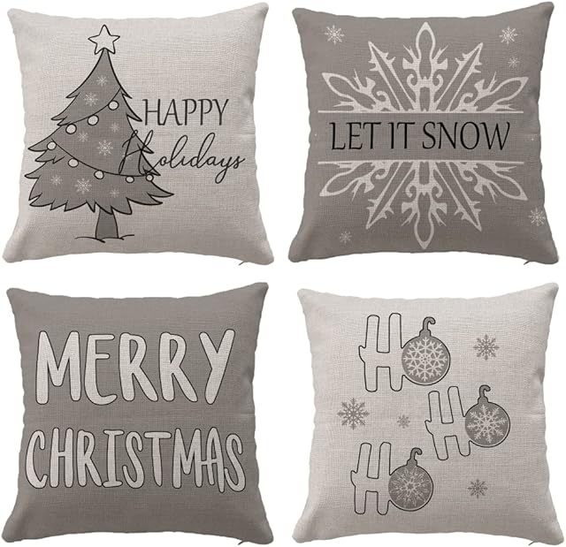 Hangood Christmas Cushion Covers Set of 4 pcs XMAS Design Home Decoration Throw Pillow Case Cover 18x18 inches 45cm x 45cm Grey Snowflake