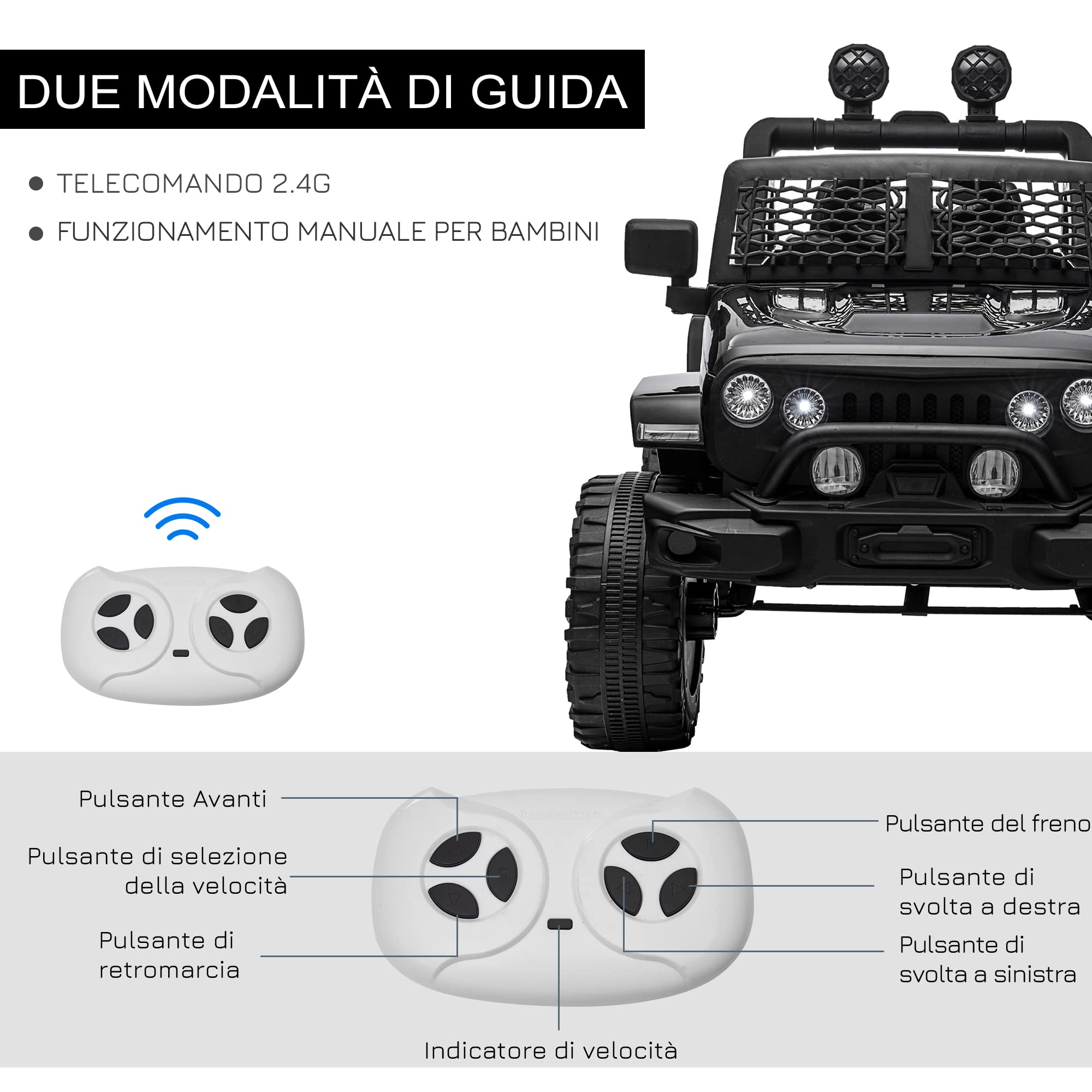 HOMCOM Macchina Elettrica per Bambini 3-6 Anni da 12V con Telecomando e Guida Manuale, Doppio Motore, Fari e Clacson, 100x64.2x71 cm, Nero