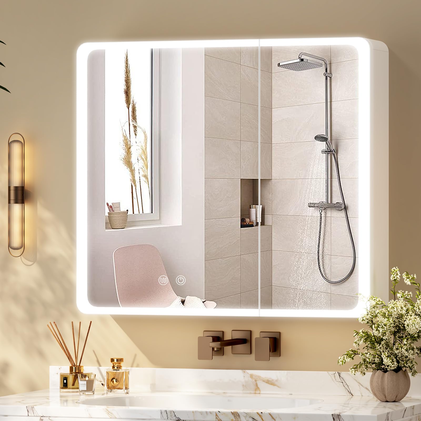 Armadietto Specchio Con Luce LED E Anti-Appannamento - 100x70cm | Colore Crema - Foto 9