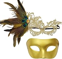 Harseyleam Handmade Peacock Feather Lace Masquerade Masks for Couples - Venetian Gold Masks for Mardi Gras Ball & Parties