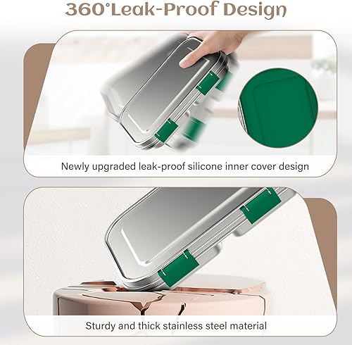 Miniatura 4 de Lonchera Bento de acero inoxidable para niños, 3 compartimentos a prueba de fugas, lonchera Bento de metal, contenedores de almuerzo Bento de acero