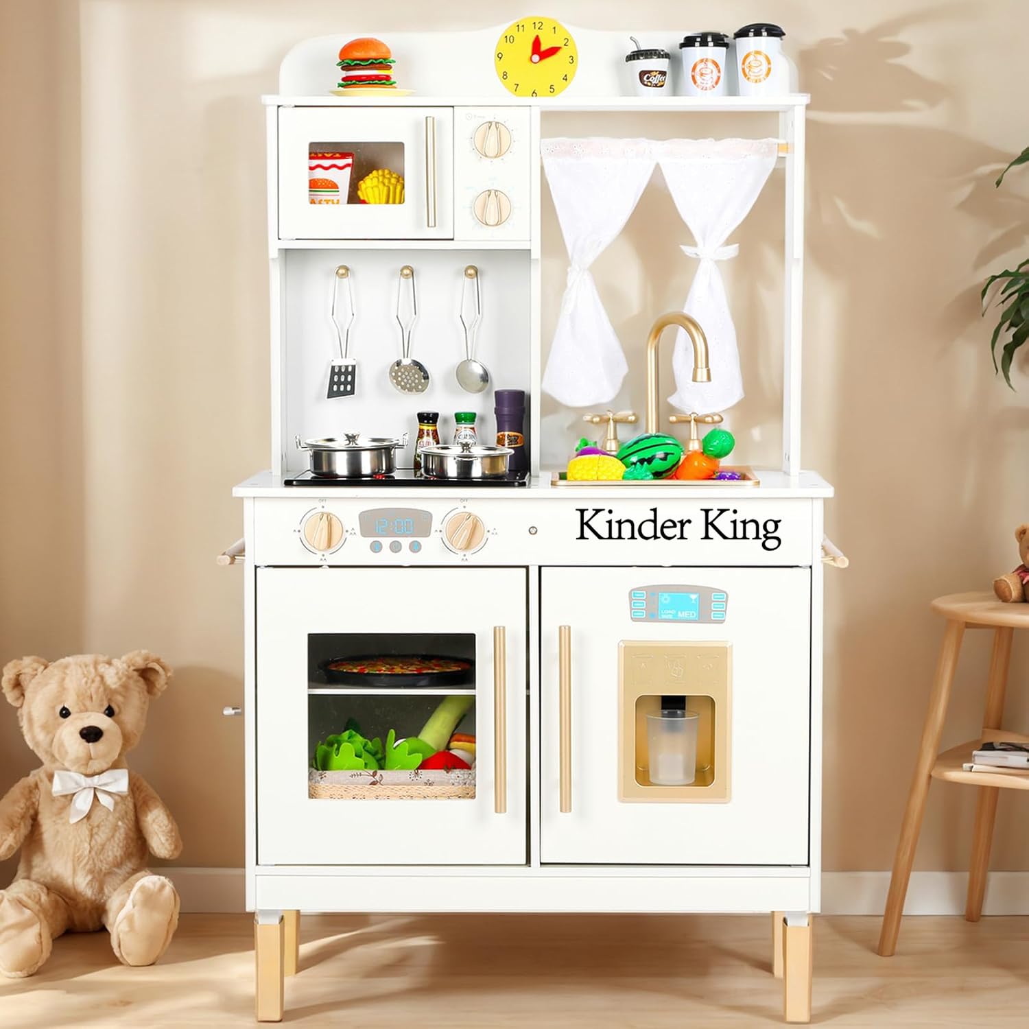 Kinder KingWooden Kids Play Kitchen, Toy Kitchen Playset for Toddler, Realistic Kitchen Sets w/Lights & Sounds, Pretend Ice Maker, Microwave Oven, Gift for Boys Girls Age 3+