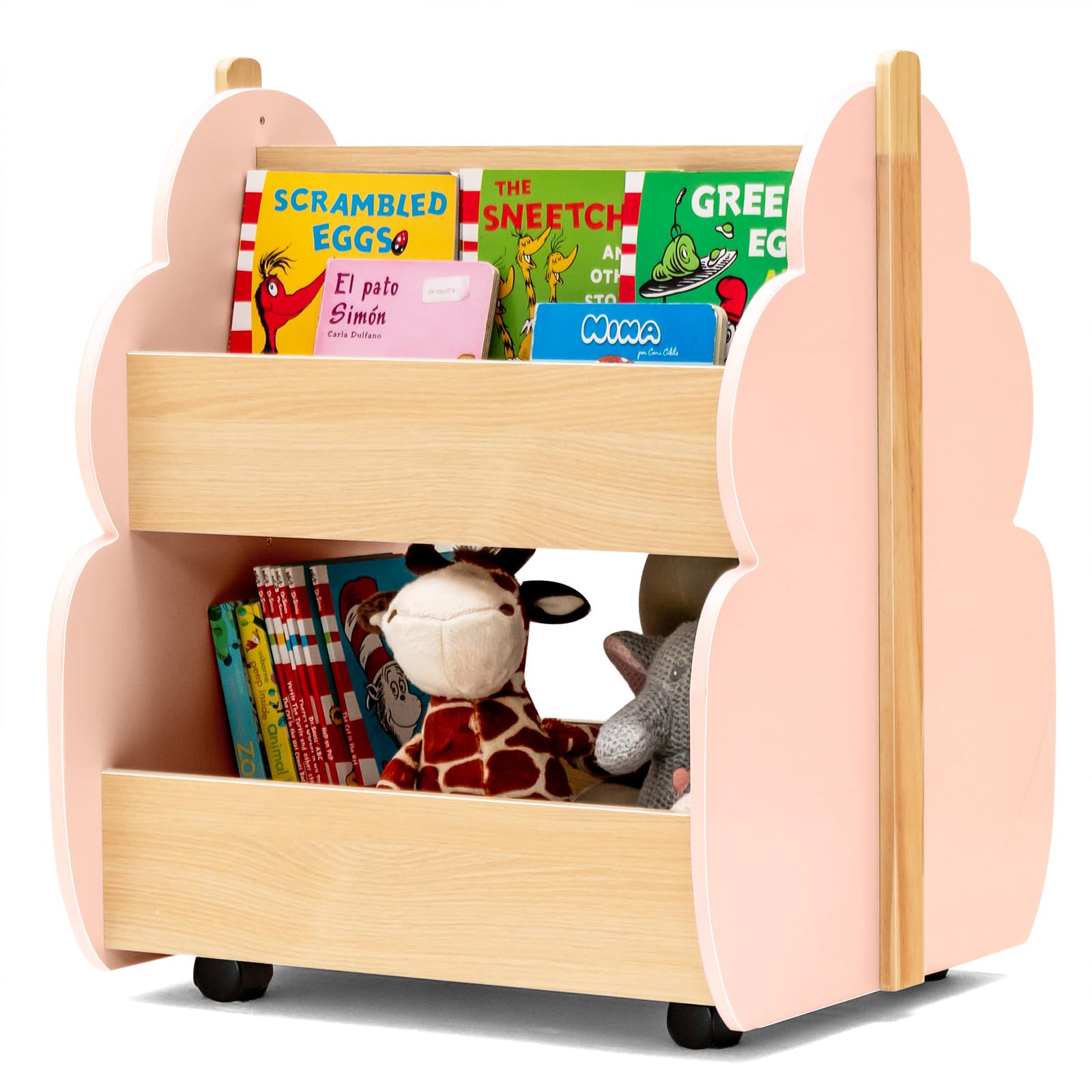 COSTWAY Estantería Infantil de Madera con Ruedas, Librería para Niños de 2 Niveles, Estantería para Juguetes, Multifuncional Organizador de Libros para Salon, Dormitorio de los Niños (Rosa)
