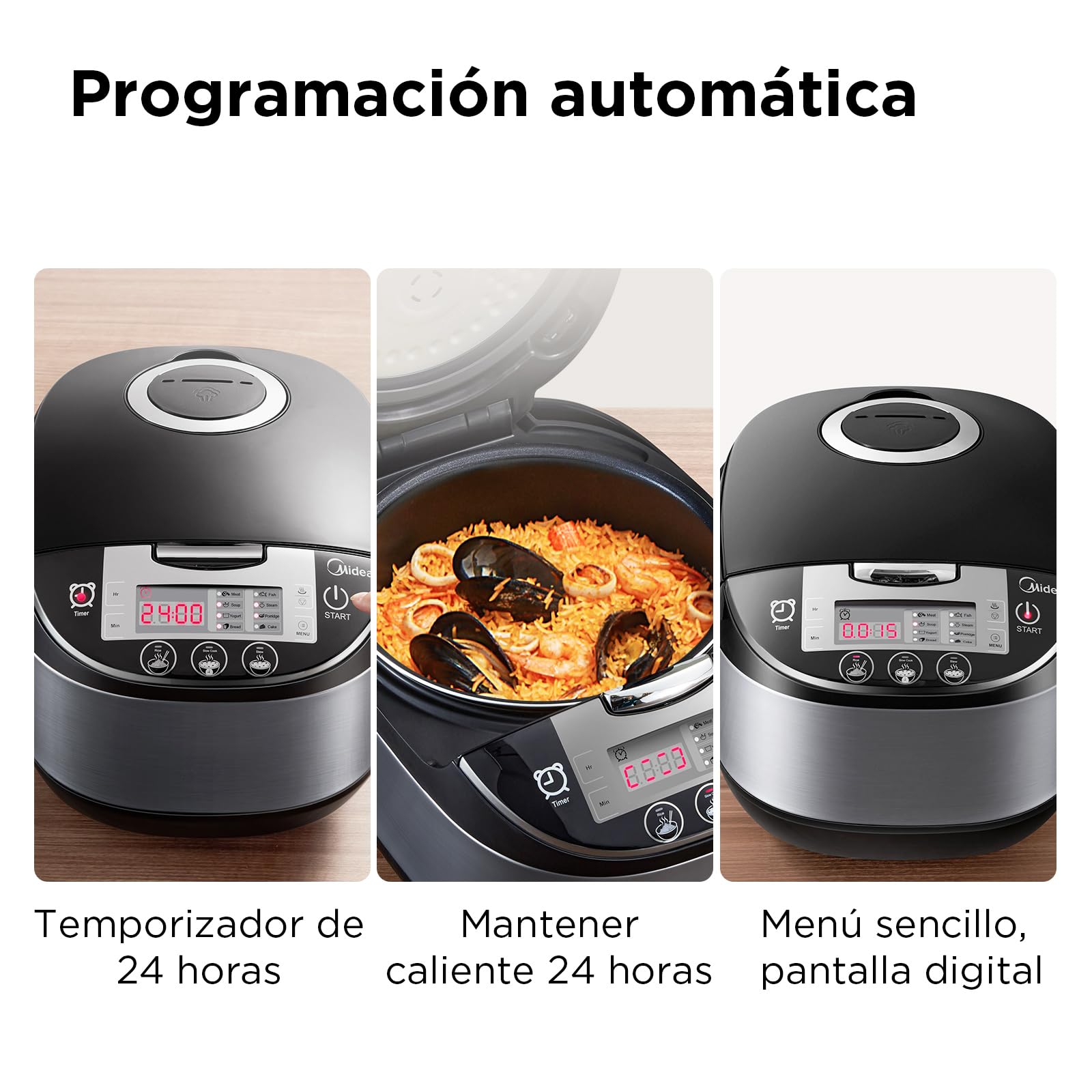 Midea Olla Arrocera Multifuncional con Vaporera (10 Tazas, 1,8 Litros) 11 Funciones Multicocción, Pantalla LED, Calentador, Temporizador, Olla Interior Extraíble Antiadherente (Negro)