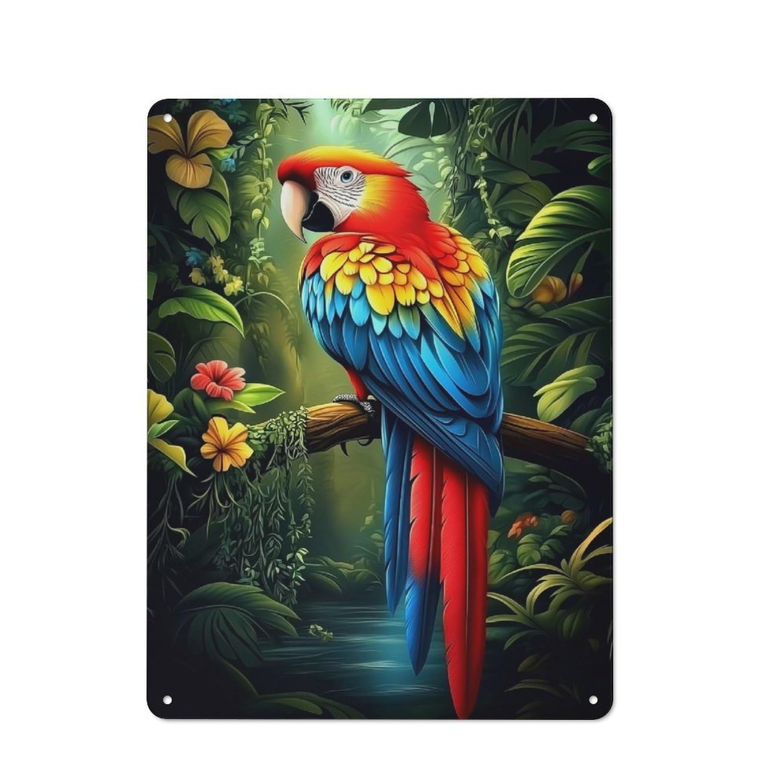 Retro Retro Metal Sign 40x30cm Featuring Scarlet Macaw in Jungle, Old Style Wall Plaque for Lounge, Study, Pub Or Wall Gallery