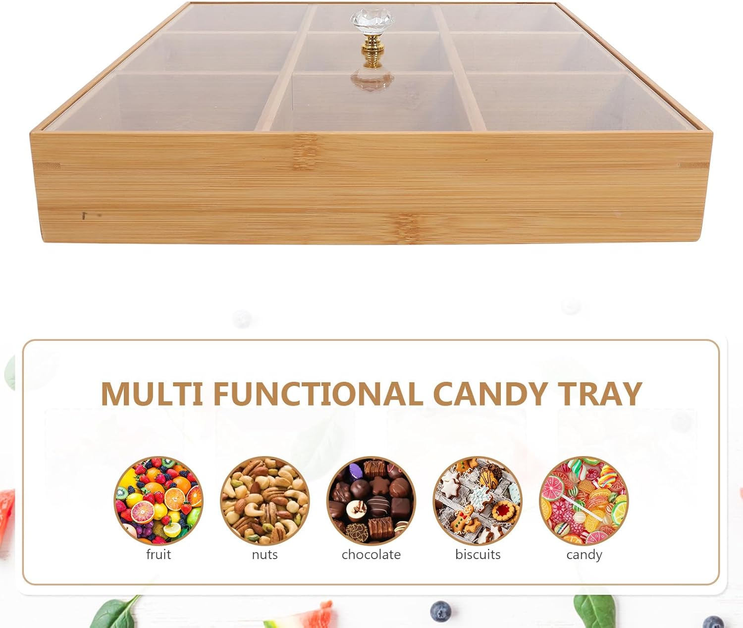 FAVOMOTO Snack Tray with Lid 9-Compartment Multi-Section Food Storage Box Food-Grade Snack Storage Tray for Nuts Fruits and Candy for Kitchen and Dining