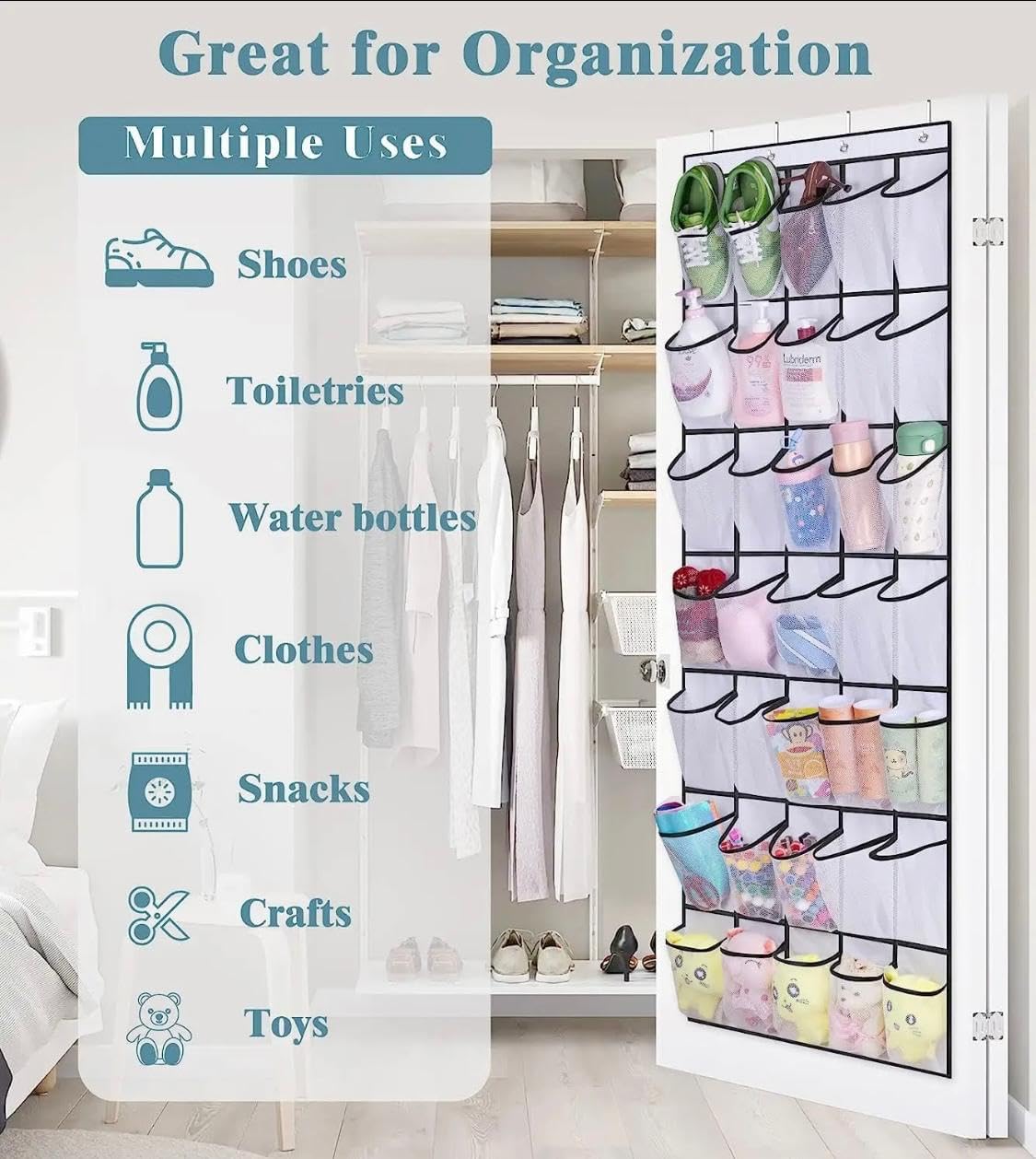 VERSATILE 2 WAYS OF HANGING. 24 Mesh Pockets - Magnetic Hooks and Over the Door hooks shoe Organizer - Perfect Shoe Rack for Dorms, Closet Storage and Cruises. (Gray)