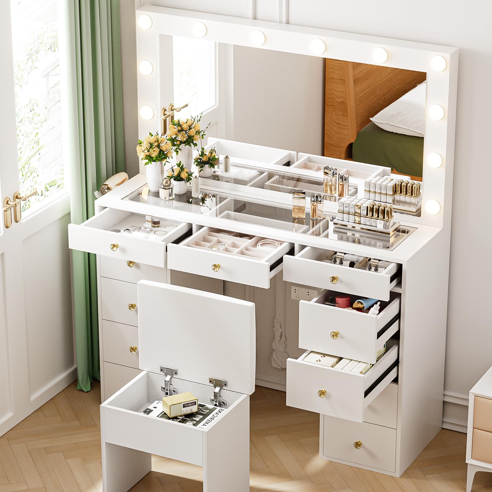 White Vanity Desk with Large Mirror and Lights, Glass Tabletop Vanity Table Set with Power Outlet,11 Deep Drawers ,12 LED Lights Bulbs, Storage Bench