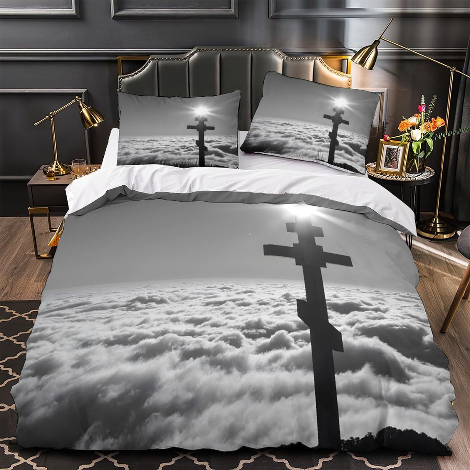 Religious Cross Quilt Cover 3D Print Anti-allergic 3 Pieces Bed Set Hidden Zipper black And White Duvet Cover Luxury All Season for Adults Kids Teens Women Youth Teenagers Super king（260x220cm）