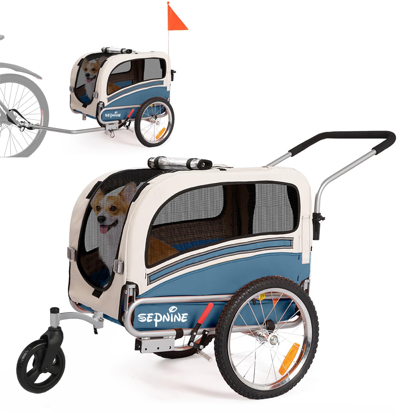 Sepnine 2 in 1 Pet Bicycle Trailer with a 6" Stroller Wheel Suitable for Small and Medium Dogs, Carrier Up to 66/88 LBS, Easy Folding Cart Frame,