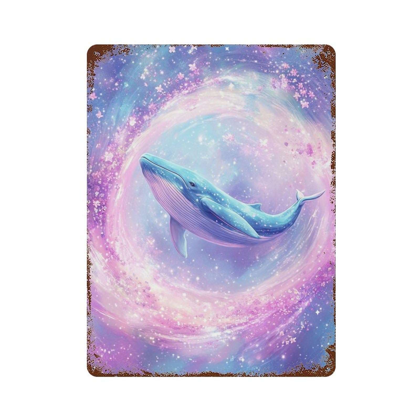 Whale in Galaxy Art Print Aged Metal Wall Plaque 15.7"x11.8", Rustic Home Decor for Garage, Pub Or Kitchen