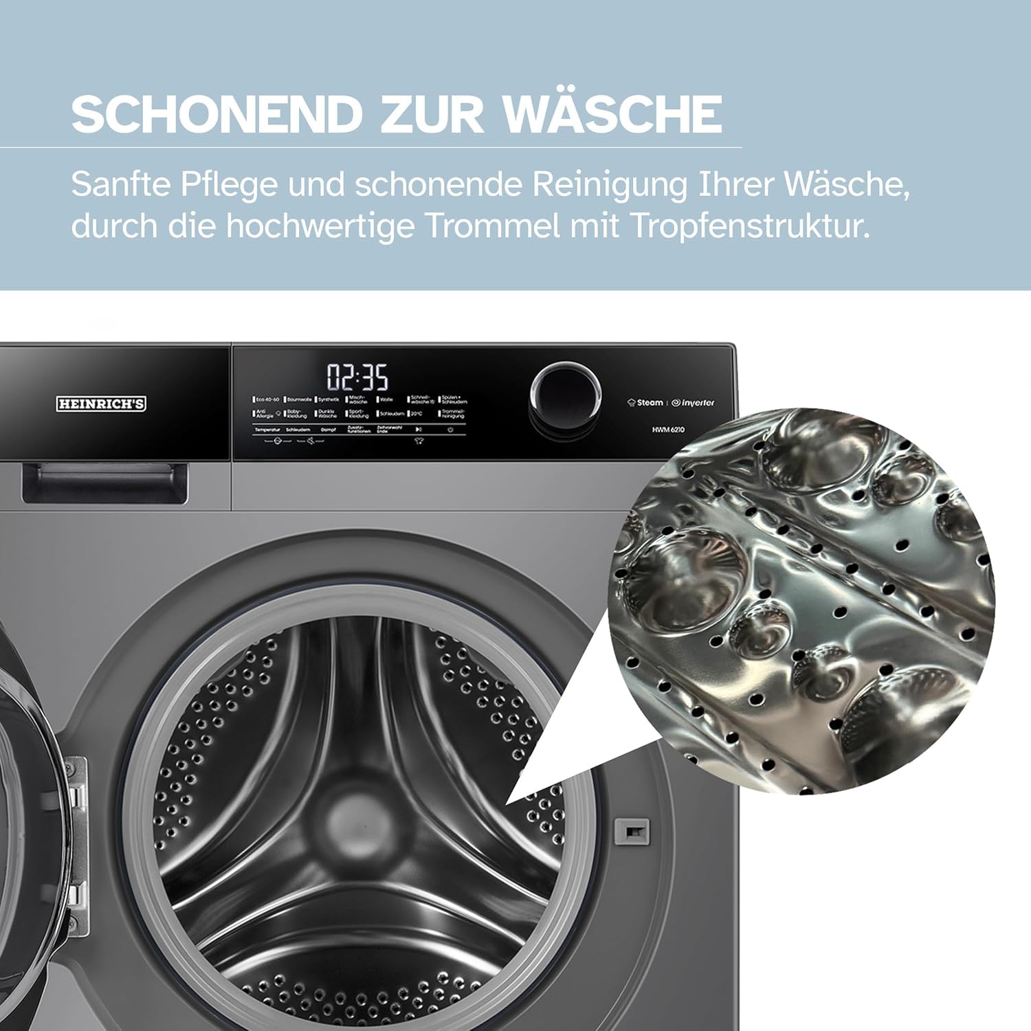 Heinrich´s Waschmaschine, Steam-Funktion, 10kg Mega Kapazität, 15 Programme, 1400 U/min., Aqua-Stop, LED-Display, Endzeitvorwahl, mit Kindersicherung, langlebiger und leiser Inverter Motor,Titan-Grau