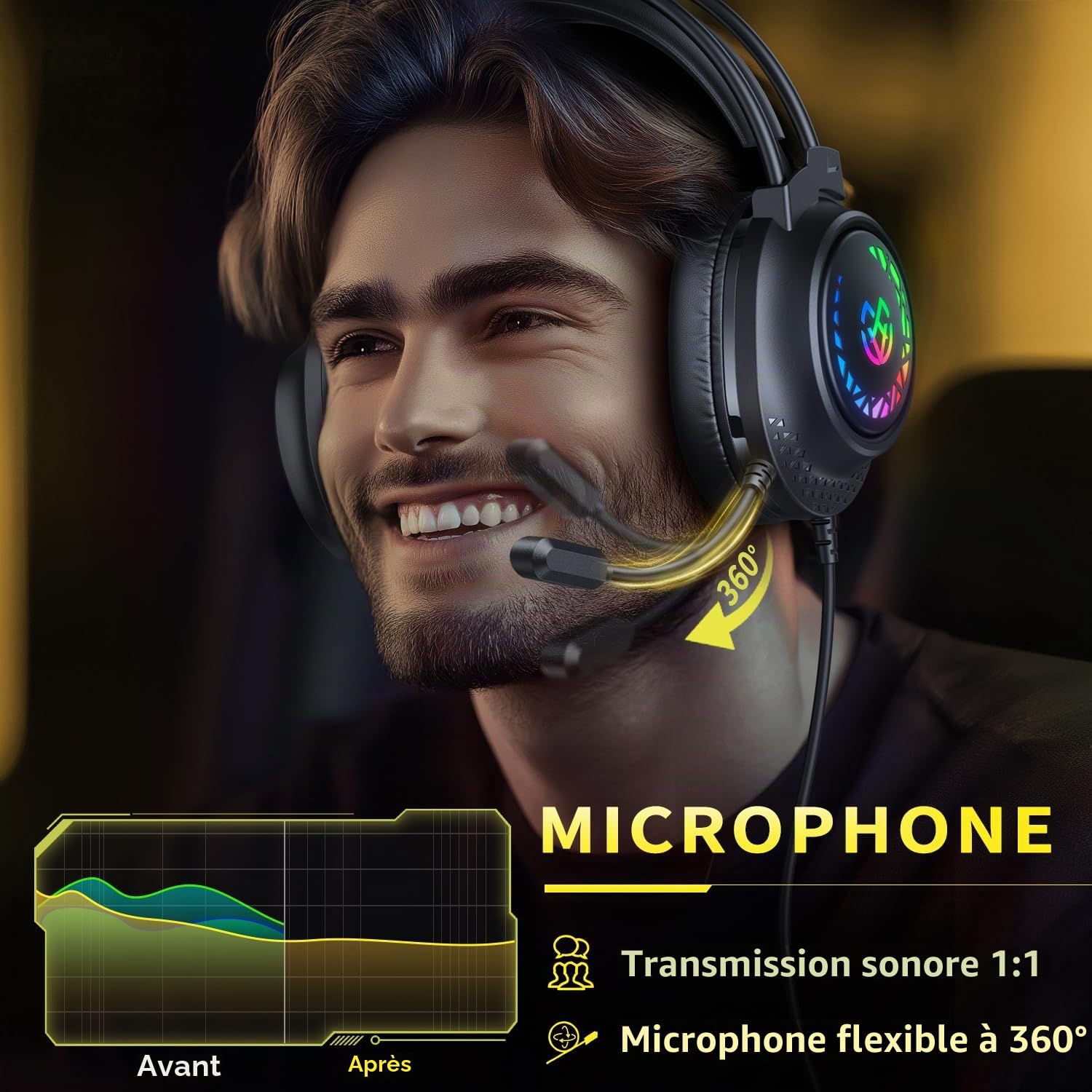 Tatybo Casque de jeu pour PS5 PS4 Xbox Series X/S, casque de jeu filaire pour Switch Xbox One PC stéréo son surround suppression du bruit micro lumières LED