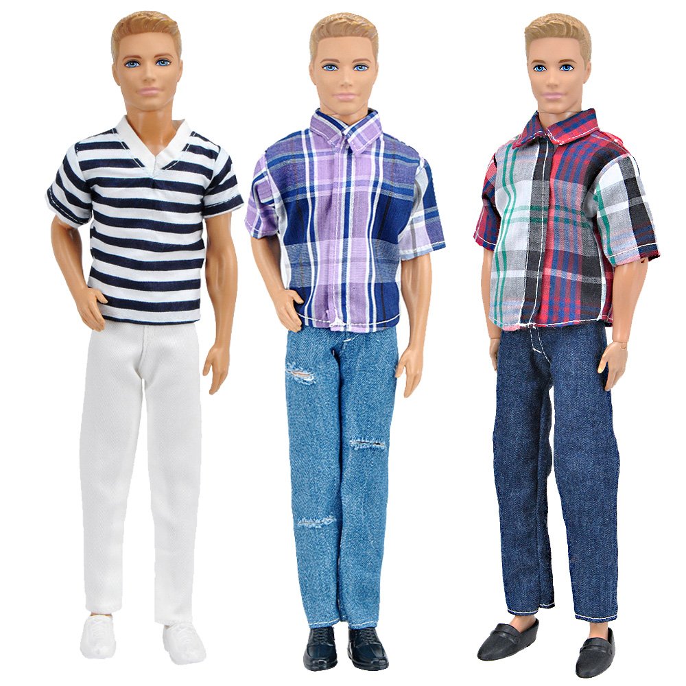 E-TING 3 Sets Casual Wear Plaid Shirt T-Shirt Jeans Pants Trousers Doll Clothes for Boy Doll (C)