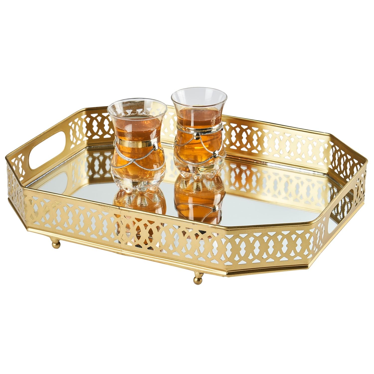 MARRAKESCH eckiges Spiegeltablett Agata 34cm groß Gold | Kerzentablett Tablett eckig aus Metall mit hoher Rand | Vintage Serviertablett Küche | Orientalische goldene Deko auf dem gedeckten Tisch