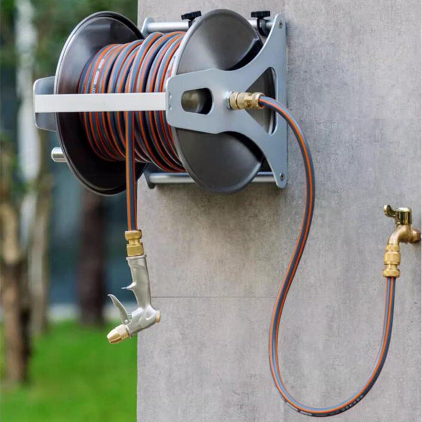 Generisch Schlauchwagen, Schlauchaufroller mit Wasserpistole, tragbarer/an der Wand montierter Schlauch hält Garten-Wasserrohr aus Edelstahl, Autowaschwerkzeug