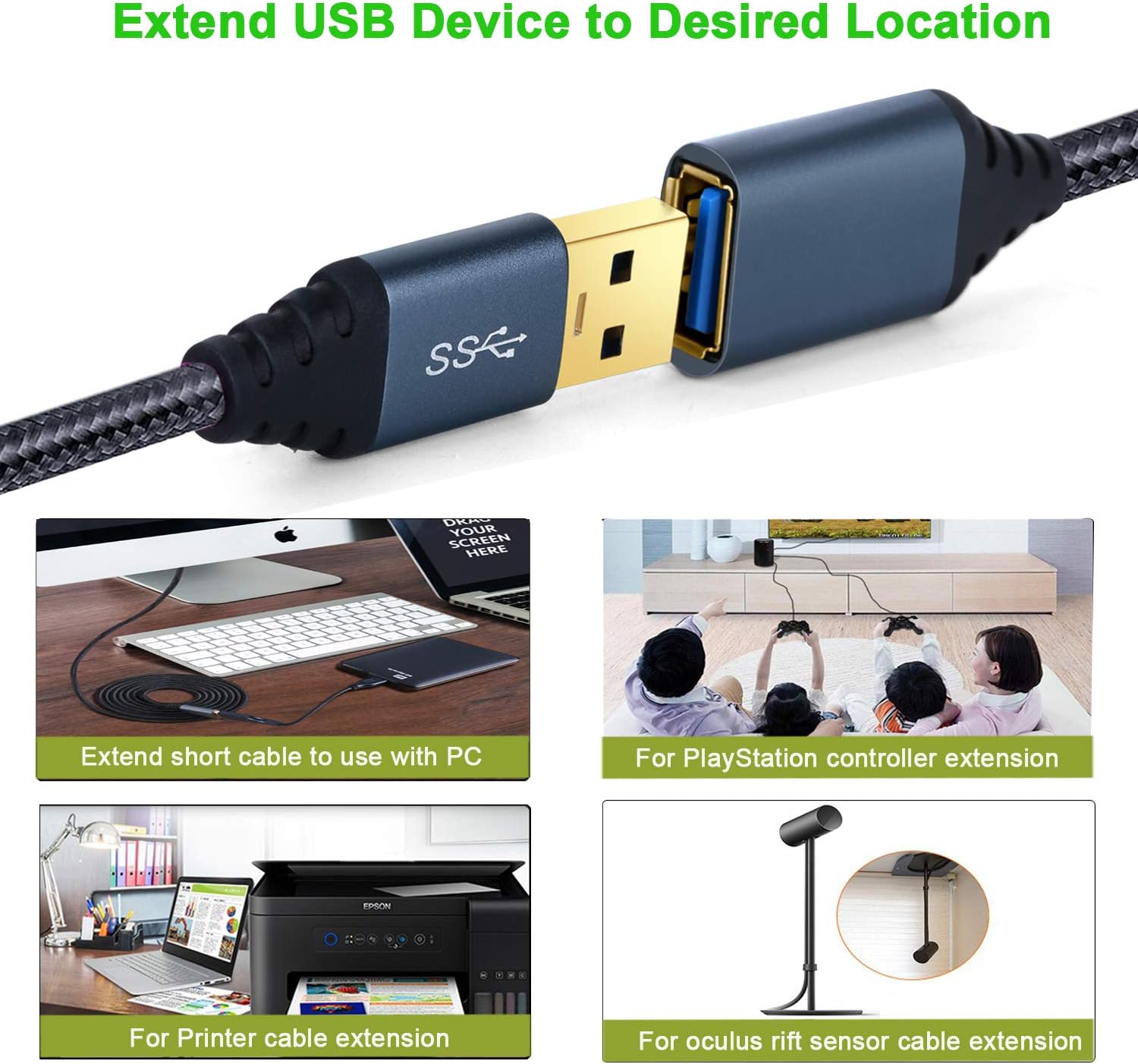 USB 3.0 Extension Cable, Besgoods 2-Pack 10Ft Braided USB to USB Extension Cable - A Male to A Female with Metal Gold-Plated Connector Compatible Mouse,Keyboard,Printer，PS4 - Black