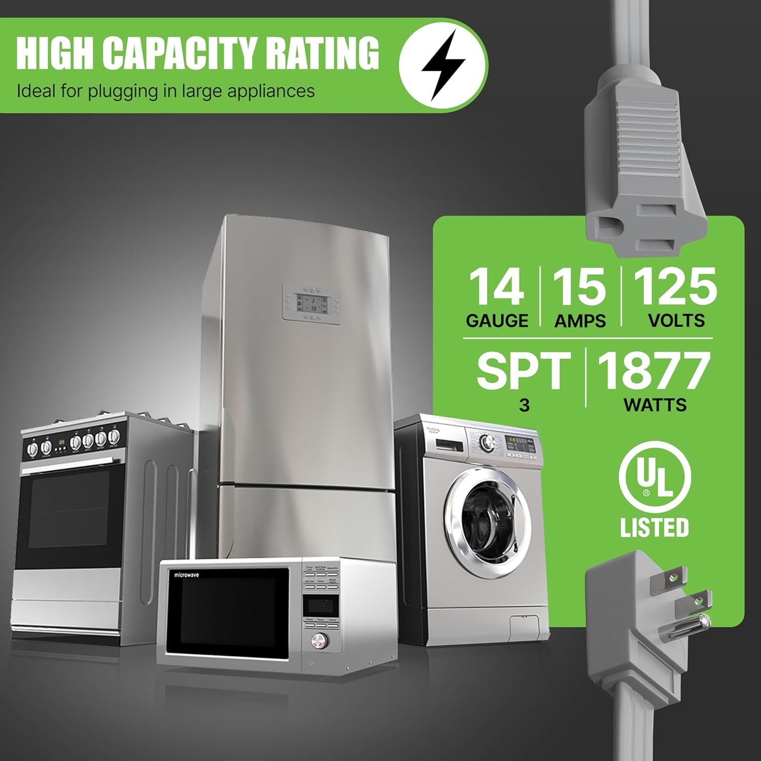 Heavy Duty Flat Extension Cord, 15 Ft Wire Gray Flat Plug Extension Cable for Air Conditioner, Refrigerator and Major Appliances 3 Prong Extension Cord, Indoor Use