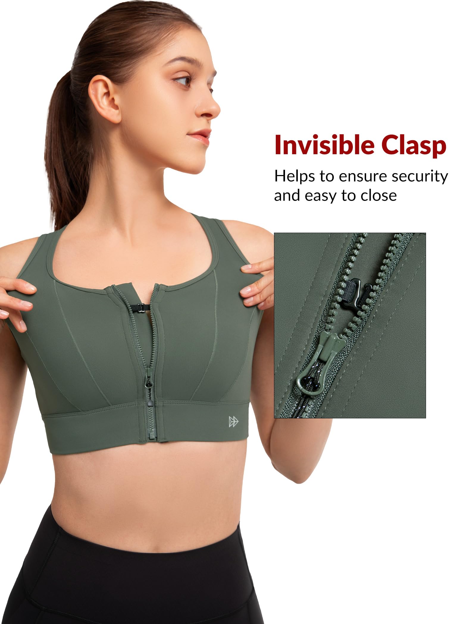 Yvette Reggiseno sportivo con chiusura frontale per le donne ad alto supporto grande busto di supporto reggiseno sportivo ad alto impatto per la corsa, verde scuro, S