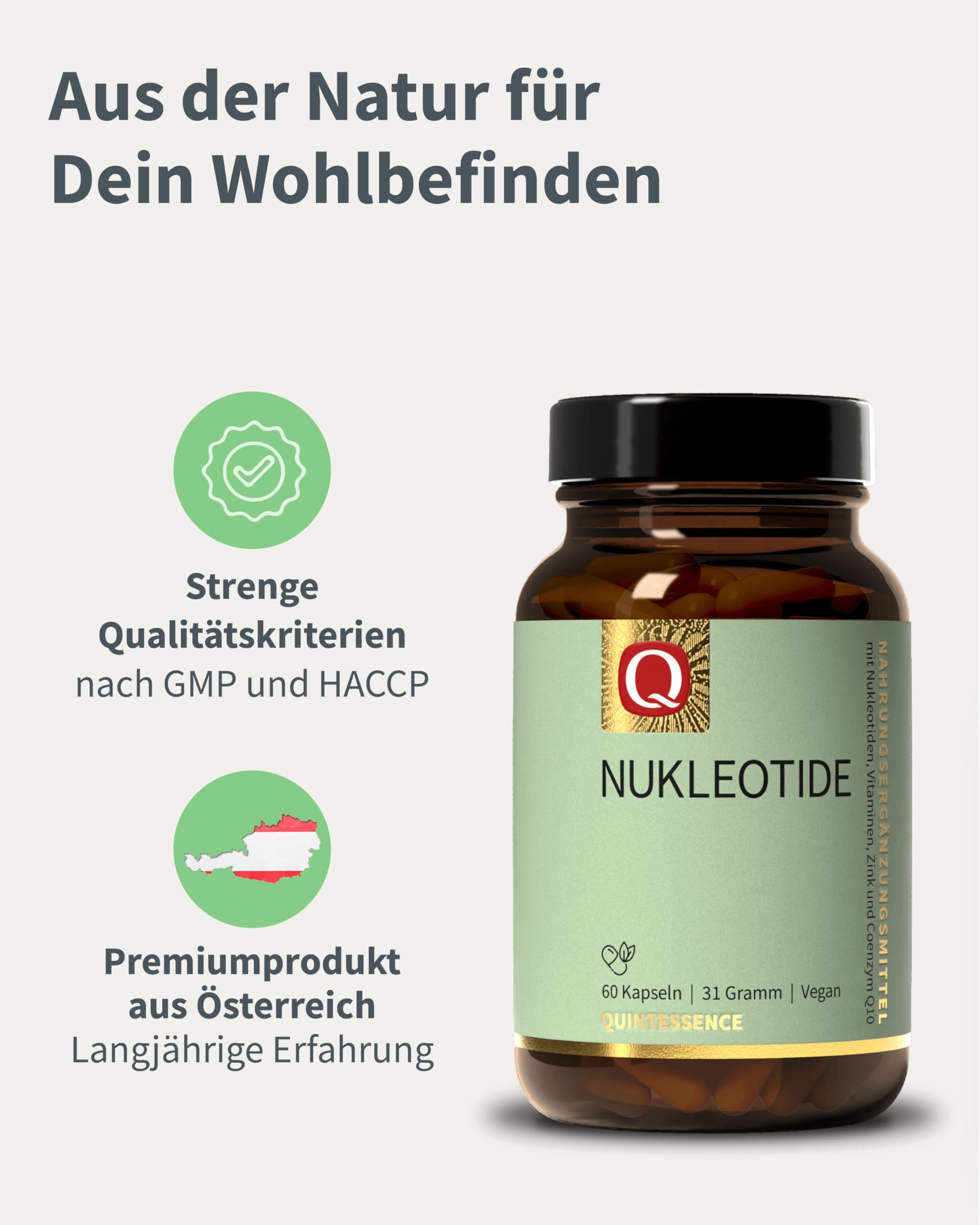 Quintessence Nukleotide Kapseln 60 Stk. - Mit 5 Nukleotiden, Vegan & ohne künstliche Zusatzstoffe, Kapseln mit Coenzym Q10 & Vitamin C, Produziert in Österreich