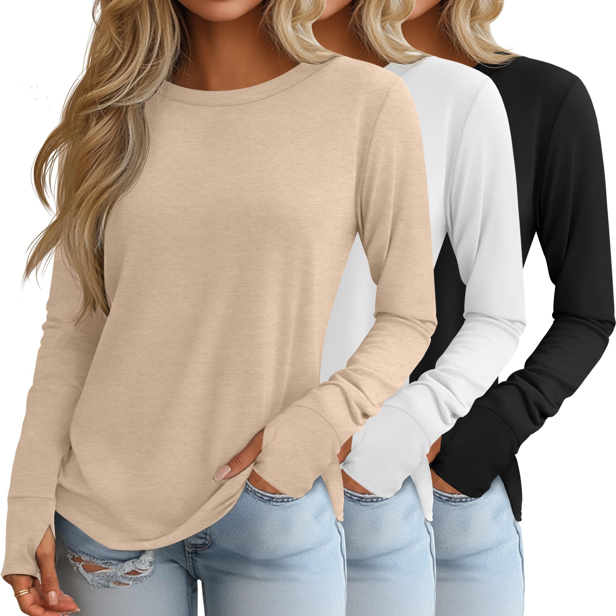 Huukeay 3 Pack Womens Long Sleeve Shirts with Thumb Holes Cotton Casual Crew Neck Tunic Tops Fall Loose