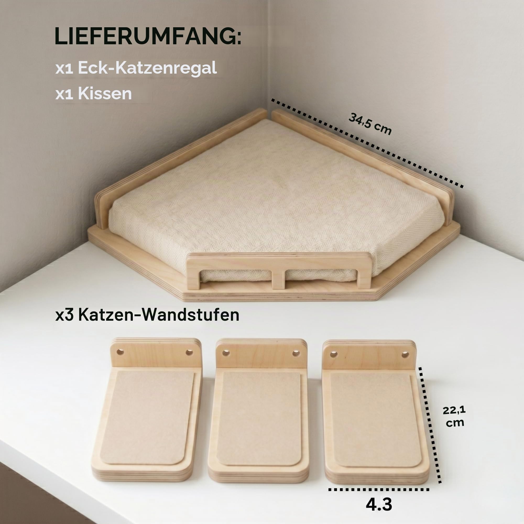 INICIO Katzen-Wandregal, sichere und stabile Katzenwandmöbel, stilvolles Eckregal aus Birkenholz, 3 Stufen für Katzen bis 8 kg, gepolsterte Sitzstange und Treppen zum Klettern und Spielen
