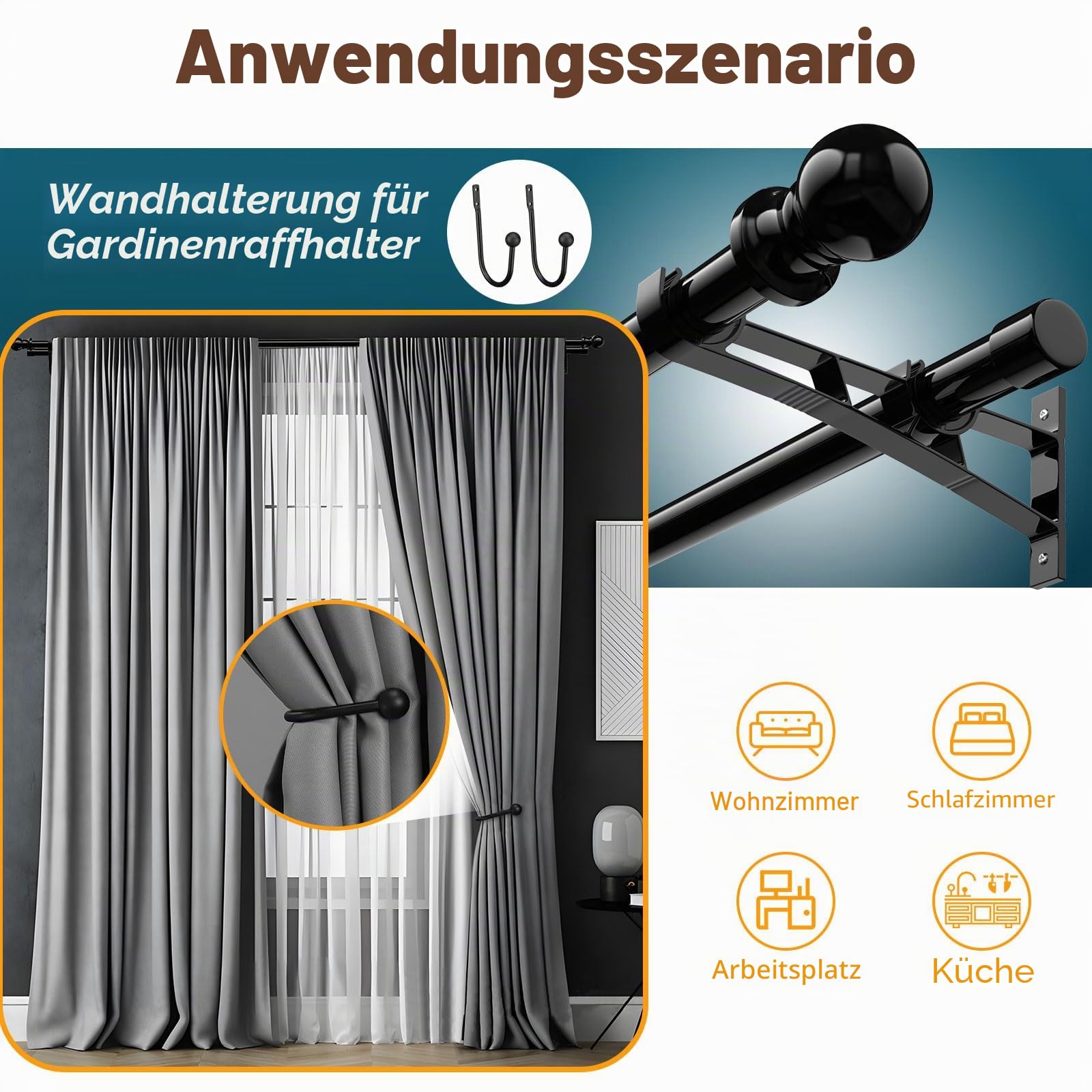 82-243cm Schwarze doppelte Vorhangstangen für Fenster mit Halterungen und Clip, 25mm Heavy Duty Dual einstellbare dekorative Vorhangstange für Fenster,Badezimmer,Terrasse,Schlafzimmer,Schiebeglas,Tür