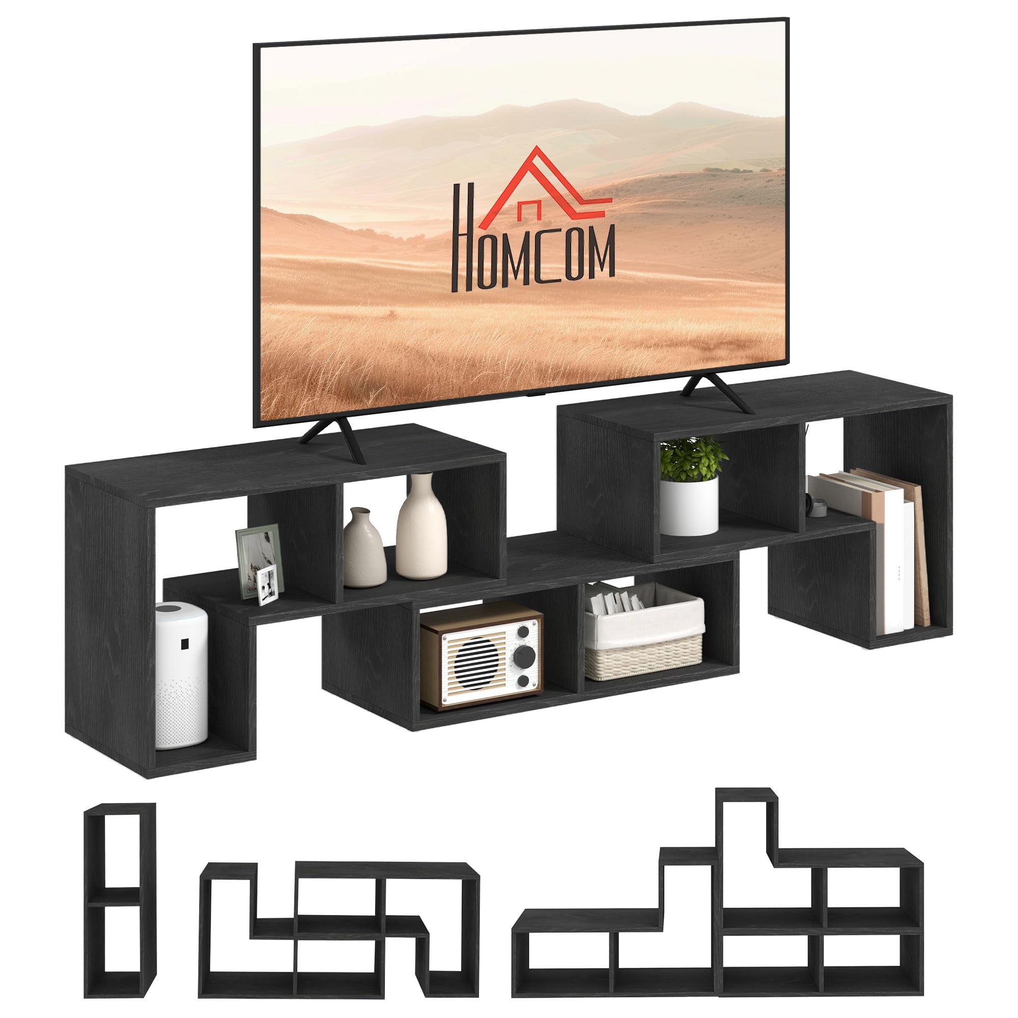 GAZHOME Mobile TV Per TV Fino A 55 Pollici - Supporto TV Aperto Con Ripiani E Telaio A X - Console Da Salotto In Legno E Metallo - Nero - 2