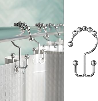 Maytex Shower Curtain Hooks, Shower Curtain Rings, Rust-Resistant Decorative Double Roller Glide Shower Hooks, Shower Rings for Bathroom Shower Rods, Curtains, Liners, Set of 12, Brushed Nickel