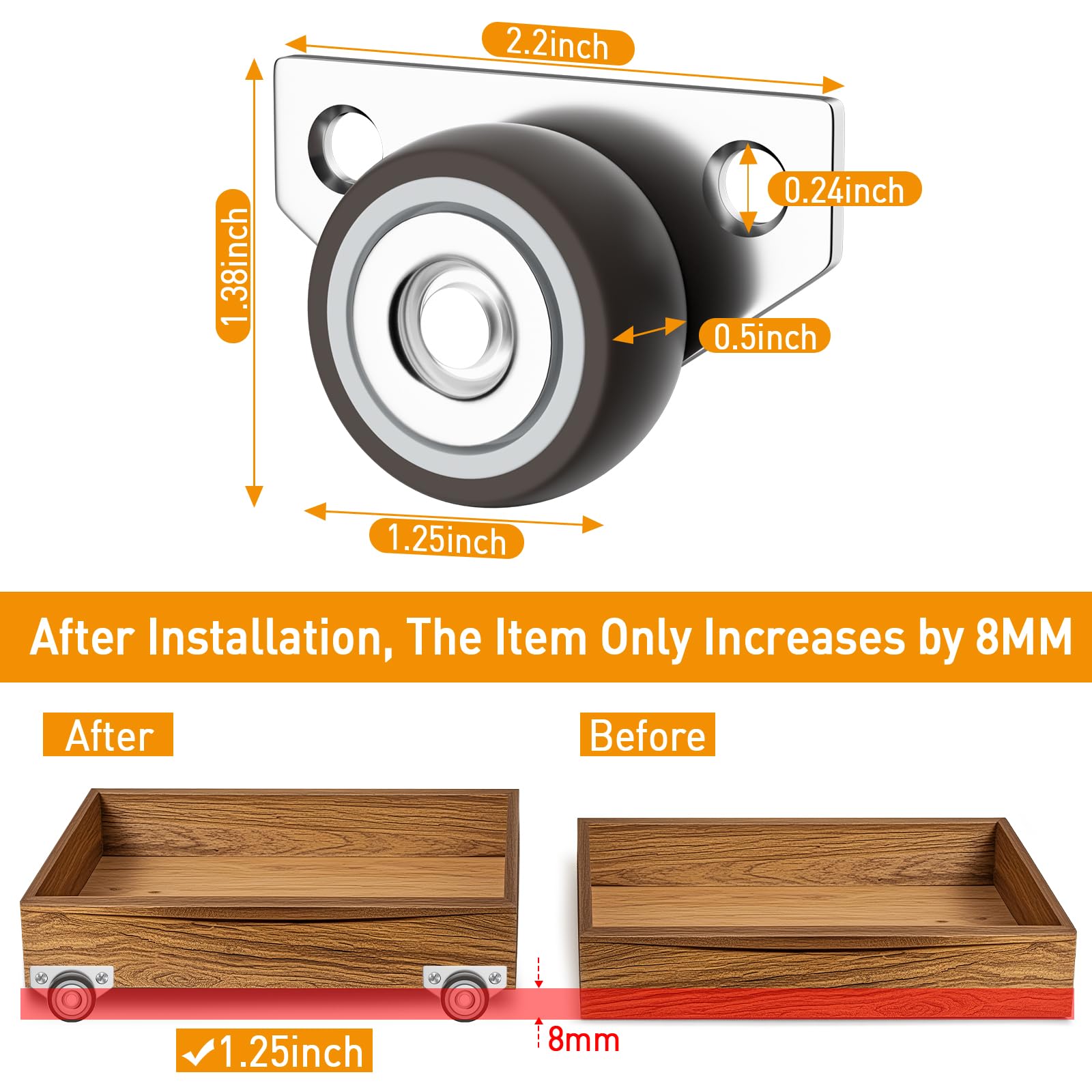 1.25 Inch Small Side Mount Caster Wheels, Mini Low Profile Casters Set Of 4, Non Swivel Rigid Casters Wheels For Furniture, Drawers, Trays, DIY Project, Load 140Lbs/Set
