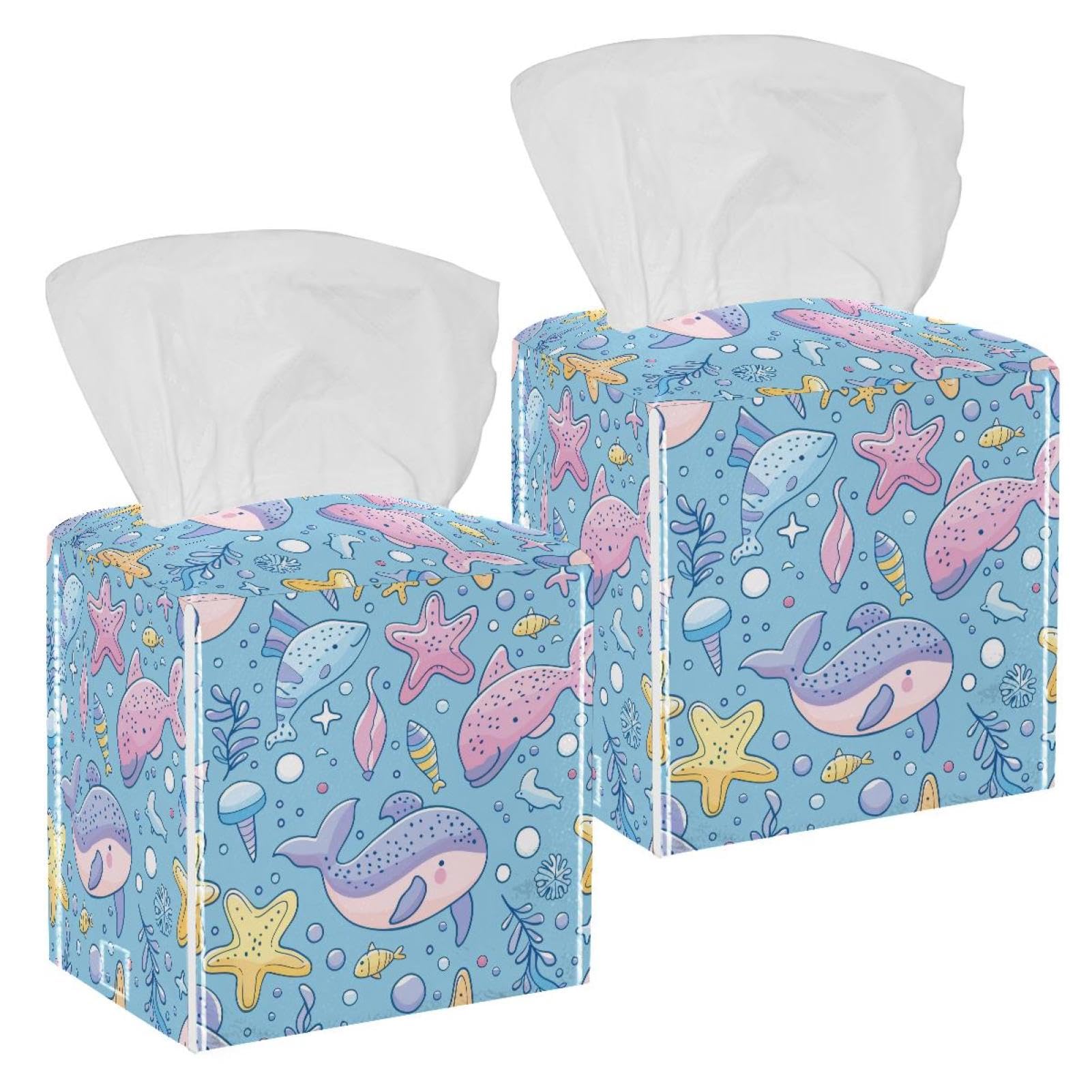 Whale Fish Tissue Box Cover, 2 Pack PU Leather Square Facial Tissue Dispenser Box holder for Home Office Car