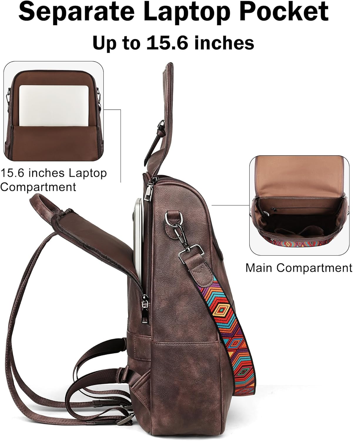 FADEON Laptop Backpack for Women Leather Travel Backpack with Laptop Compartment, Designer Ladies Computer Backpacks Coffee - Image 3