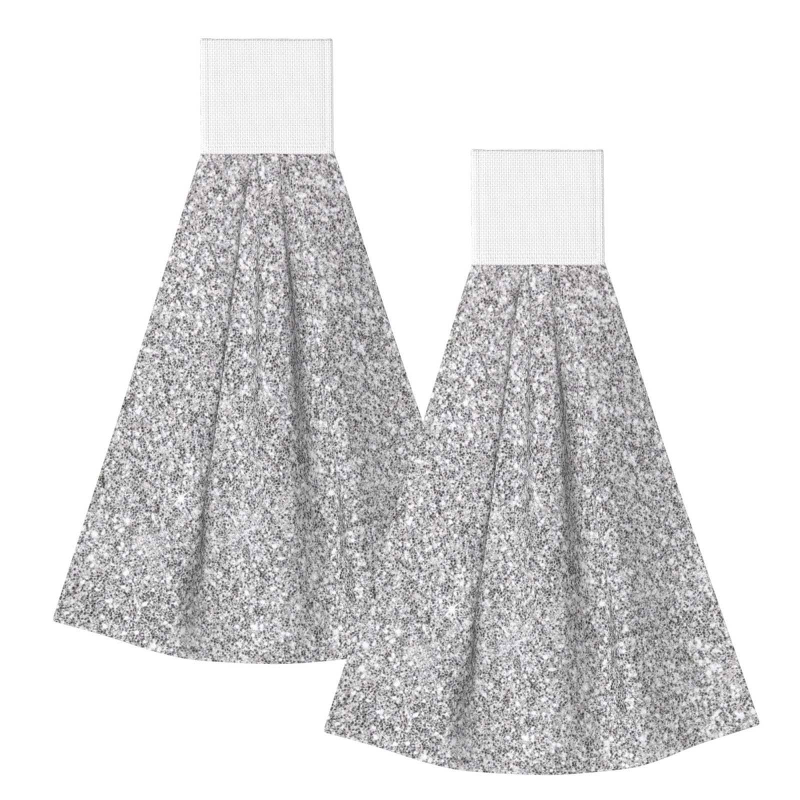DOPKLNA Silver Glitter, 2 Pcs Hanging Coral Fiber Hand Towels for Bathroom, Absorbent Kitchen Towels